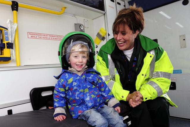Finlay Coppock, 3, and Andrea Penman, ambulance technician at Emergency Services Day 2016