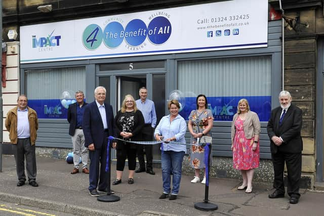 Official opening of 4 the Benefit of All Impact Centre Pictured: John McNally, MP Falkirk; Brian Devlin, Director/Trustee; Ricky Kujawa (Henryk Kujawa), Director/Trustee and co-founder; Alex Fleming Director/Trustee, Chief Operating Officer and co-founder; Michelle Thomson, MSP Falkirk East; Cecil Meiklejohn, Leader Falkirk Council and Denis Fitzsimons, retired accountant and office owner.