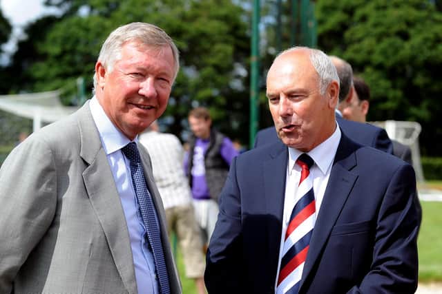 Sir Alex Ferguson met Alex Totten and Steven Pressley on a visit to watch Falkirk FC training before receiving a doctorate from  Stirling University. Picture: Michael Gillen.