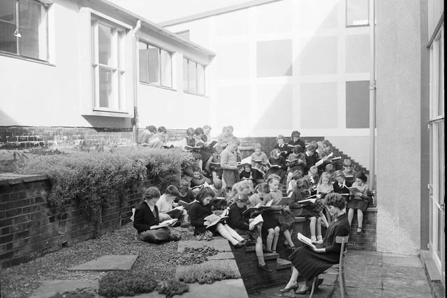 Pupils have lessons outside Oxgangs Primary School in March 1961.