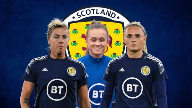 Falkirk trio Nicola Docherty, Leah Eddie and Sam Kerr are in the latest Scotland squad (Pictures: Getty Images/SNS Group)