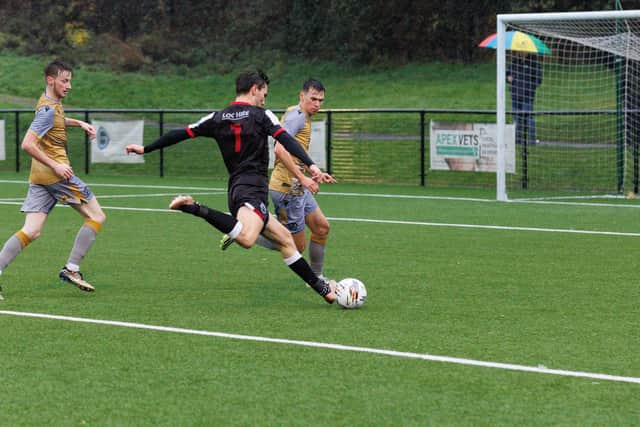 Dunipace's Sam Colley shoots at Berwick Rangers goal on Saturday (Pics by Mark Ferguson)