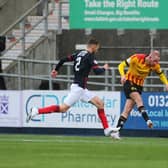 Former Falkirk striker Zak Rudden hit the post in the first half (pictured) and was shown a straight red card for foul and abusive language in the second half.