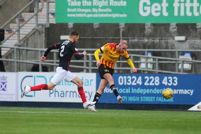 Former Falkirk striker Zak Rudden hit the post in the first half (pictured) and was shown a straight red card for foul and abusive language in the second half.