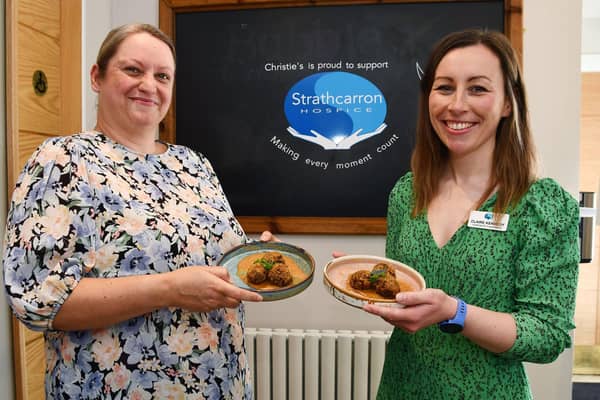 Karen Geary, deputy general manager at Christie's, is again delighted to be fundraising for Strathcarron Hospice. Pictured here with Claire Kennedy,  Strathcarron Hospice corporate fundraiser, when they launched their first fundraising initiative. Pic: Michael Gillen