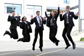 Braes High pupils jump for joy after receiving their SQA exam results, left to right: Ben Adams, Amna Anwar,  Harry Lawson, Emily Dagger and Max Macaulay.