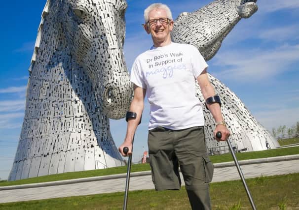 Dr Bob Grant, who lost his leg to cancer, will be setting off on his 117-mile walk for Maggies from the Kelpies. Pic: James Stewart