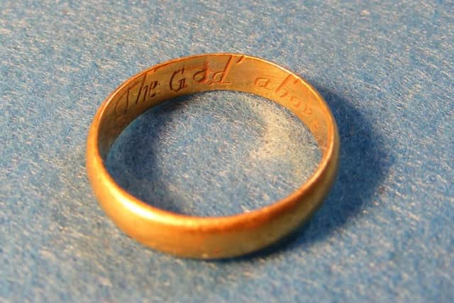 Treasure trove annual report - 17th Century Finger Ring, Inverbervie, Aberdeenshire (TT.47/14)
Although superficially similar to modern wedding rings, 17th century rings contained a romantic inscription (or poesy). In this case the inscription reads The God above incress our love. The majority of inscriptions can be found in a variety of books aimed at a male audience, such as the popular Cupids Posies which contained both useful advice on wooing and an appendix if suitable poesies for the wedding ring itself. Allocated to Aberdeenshire Heritage
