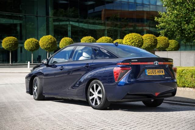The rear exterior of the 2016 Toyota Mirai.