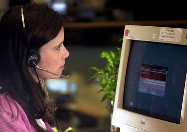 Girl wearing a telephone headset looking at a computer screen

CALL CENTRE EMPLOYEE
*** PIC POSED BY MODEL***