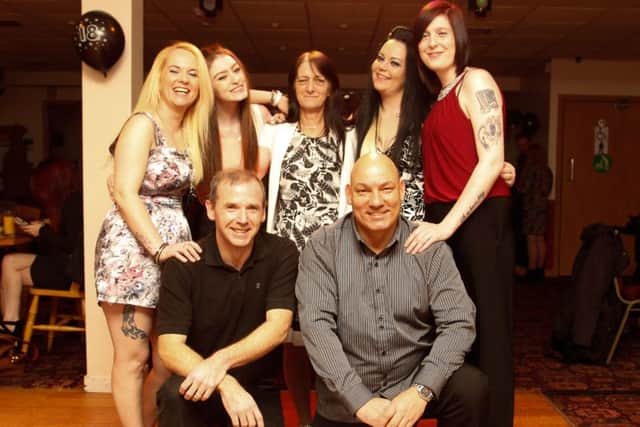 Kimberley with her mum and her sisters: Jen Easton, Kimberley Cameron, Anne Cameron, Dianne Campbell and Kirsty Cameron and paramedics Stuart Urquhart and Graeme Sneddon.