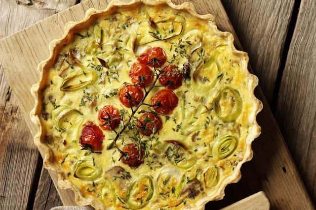 One of British Leeks' new recipes - Leek, Mushroom and Oven-Roasted Tomato Quiche.