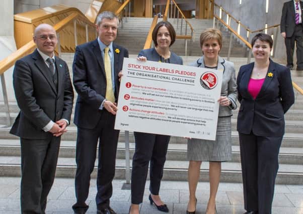 Party leaders Patrick Harvie, Willie Rennie, Kezia Dugdale, Nicola Sturgeon and Ruth Davidson unite in their pledge to end the stigma of poverty. (Pictured by Howard Elwym-Jones)