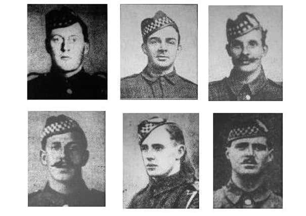 Fallen soldiers -from top Neil Thomson, Peter Forsyth and Peter Johnston.  Bottom David Rodger, Peter Wilson, Charles Main