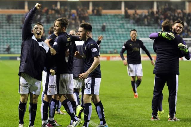 Falkirk celebrated a point with more than 1000 fans at Easter Road last month. Picture Michael Gillen.