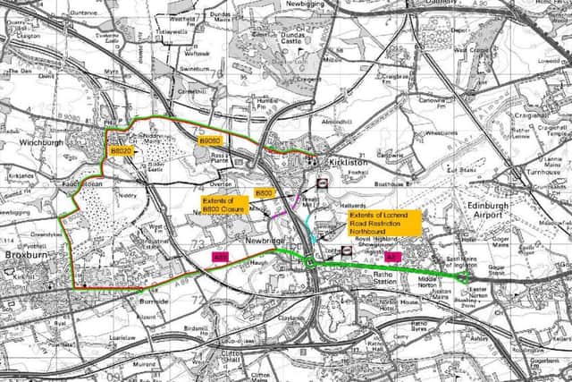 Map of diversions for repair work to M9 bridge near Kirkliston from May 27 to June 5