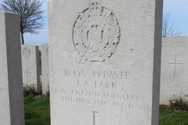 The grave of Private James Farr who died during the Battle of the Somme in World War One
