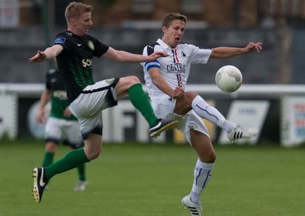Will Vaulks of Falkirk challenges for the ball against Karl Monahan of Bray Wanderers during the friendly match between Bray Wanderers & Falkirk at Carlisle Grounds, Bray, County Wicklow, Ireland. 29 June 2016. Picture by Ian Sneddon