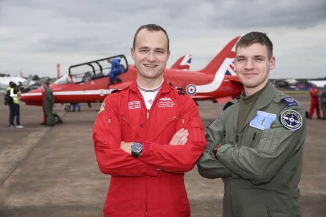 Flight Lieutenant Joe Hourston of the Red Arrows with Grangemouth 1333 (Spitfire) Squadron cadet Jack Gray