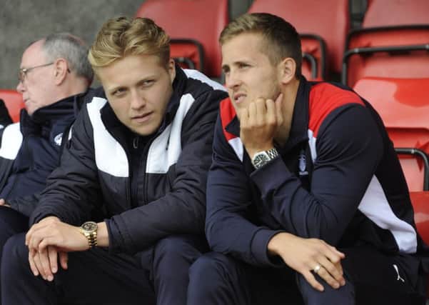 Will Vaulks (right) watched the 1-0 Betfred Cup defeat alongside fellow injured Bairn Peter Grant. Pic by Alan Murray