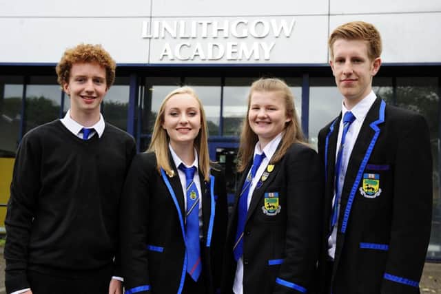 Linlithgow Academy 17-year-old pupils who achieved excellent results in their higher exams included, left to right, Alex Ralston,  Rachel Reid,  Louisa Marshall,  and Peter Hourston
