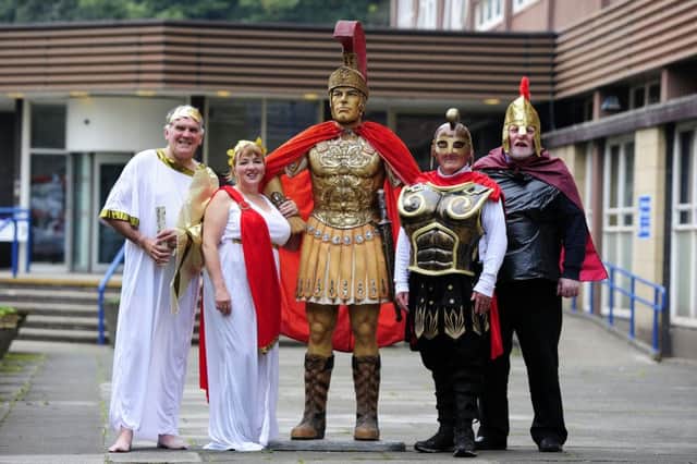 Carry On Centurion - Provost Pat Reid sees off Baillie Joan Paterson, Baillie Billy Buchanan and Councillor John McLuckie and their model Roman citizen