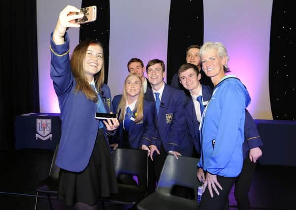 Dux, Zoe Dickson takes a selfie with proxime accessits Chrstie Gillies; Max Kolle; Murray Johnston; Calum Paterson; Iain Lind and guest speaker, Judy Murray. Picture: Michael Gillen