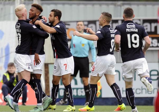 Celebrations for Falkirk after Myles Hippolyte netted what proved to be the winner against  Dunfermline