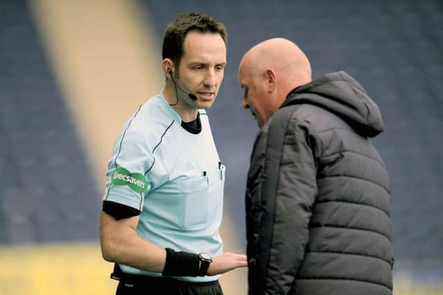 Barry Cook, the maatch referee, sent the Bairns boss off. Pic by Michael Gillen.