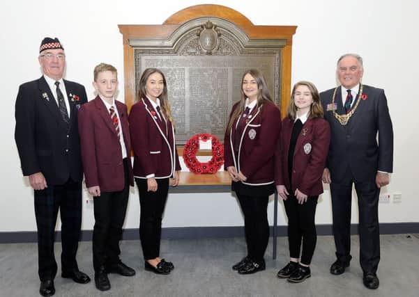 09-11-2016. Picture Michael Gillen. FALKIRK. Falkirk High School,Wreath laying at school's roll of honour. Walter Stirling; Cole Cattanach 13 junior captain; Jodie Kidd 17 captain; Lana Kemp 17 captain; Alice Dunn 14 junior captain and Provost Pat Reid.