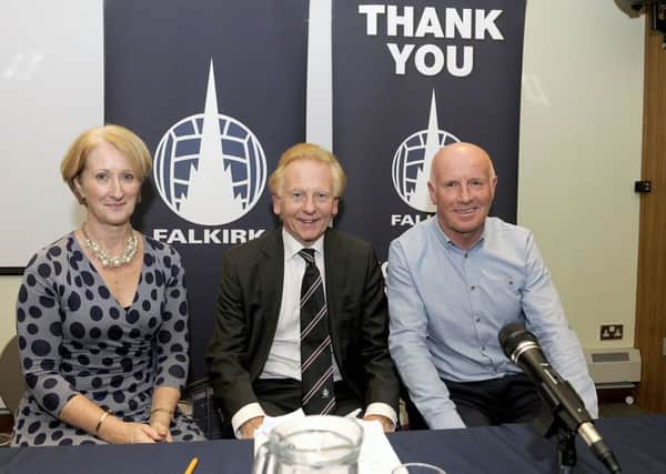 Falkirk Football Club Annual General Meeting top table. Vice chairman, Margaret Lang, Doug Henderson and team manager, Peter Houston.