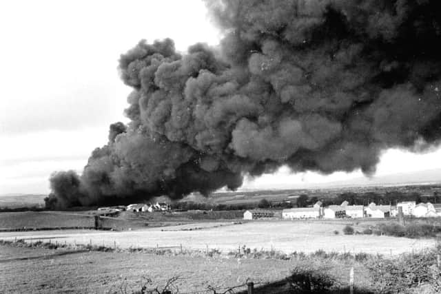 Flames and smoke billowing from the fire at the Scottish Tar Distillers' plant at Camelon near Falkirk in November 1973