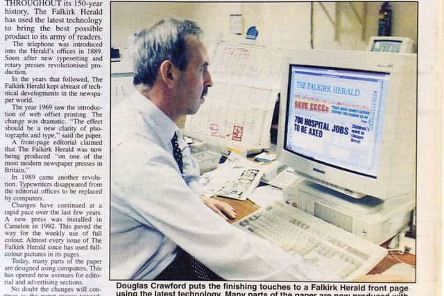 Dougie Crawford using a computer to put the finishing touches to The Falkirk Herald front page. Computers were introduced to Johnston Press for the production of the paper in 1989. The telephone had been introduced a hundred years earlier in 1889