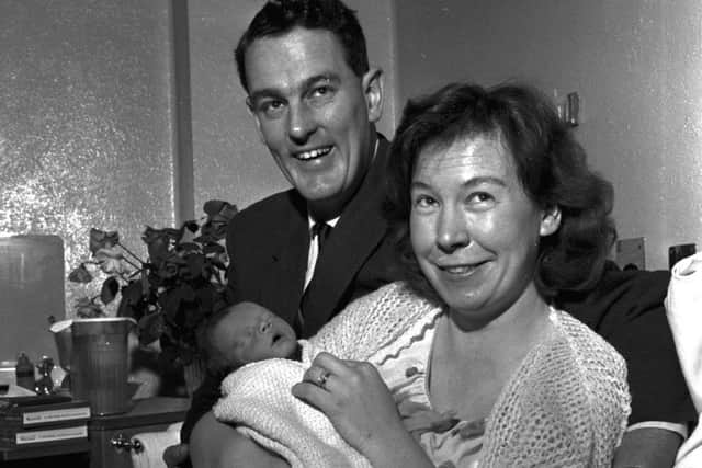 Tam Dalyell and wife Kathleen following the birth of their son, Gordon Wheatley Dalyell at Simpson's Memorial  Maternity Pavilion in 1965
