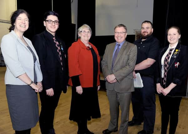 Pictured ahead of the event at Braes High are Fiona Malcolm. Callum Docherty, Kay Keith of Dunscore Parish Church, World Mission Council secretary the Rev. Ian Alexander, guest Itamar Nitzan and Jessica Reid