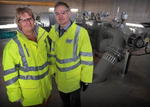 Roseanna Cunningham, the Cabinet Secretary for Environment, Climate Change and Land Reform, with Peter Farrer, Scottish Water Chief Operating Officer, at the Glencorse Water Treatment Works, Penicuik.