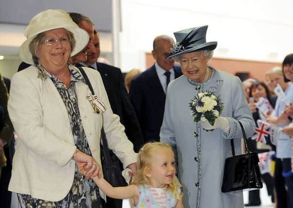 Lord Lieutenant Marjory McLachlan with the Queen at the official opening of Forth Valley Royal Hospital in 2011