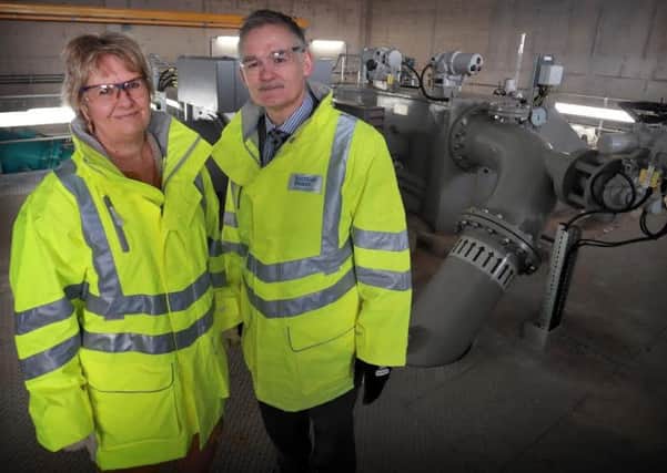 Roseanna Cunningham, the Cabinet Secretary for Environment, Climate Change and Land Reform, with Peter Farrer, Scottish Water Chief Operating Officer, at the Glencorse Water Treatment Works, Penicuik.