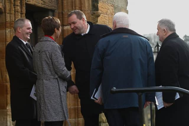 24/2/17 memorial service at st michaels church linlithgow for tam dalyell. guests arriving neil findlay msp