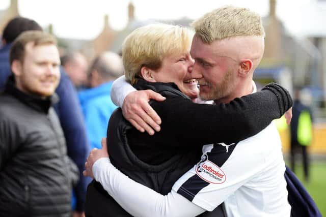 Craig Sibbald wishes his mum a happy birthday after  helping Falkirk to a 2-0 win. Picture Michael Gillen.