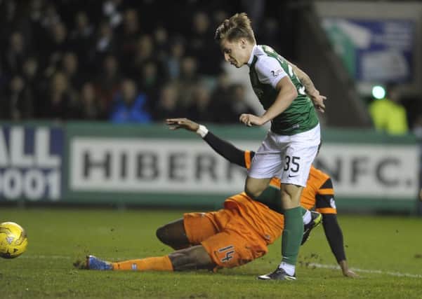 Jason Cummings scored twice when Hibs defeated Dundee United 3-1 in January, and was on target again at the weekend. Pic: Neil Hanna