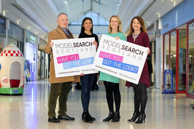 Launching Model Search Scotland in the Howgate are, left to right, Michael OBrien, The Model Team director; Natalie Woods, last years winner; Margaret Foy, Howgate marketing manager and Jill Buchanan, The Falkirk Herald editor