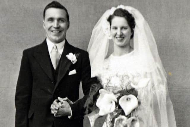 Stan and Mary on their wedding day 65 years ago