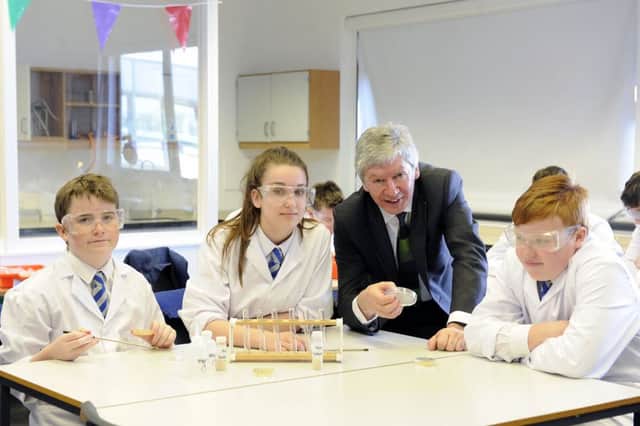 Dr Bill Maxwell, HM Chief Inspector of Education and Chief Executive of Education Scotland,l joined Larbert High S1 pupils during a biology class - Kieran Toland , Jami-Lee Laing and Lewis Johnson