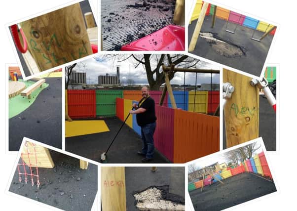 Grangemouth resident David Balfour helps to clean up the vandalism at the new playpark in Loretto Housing, Inchyra Place, Grangemouth