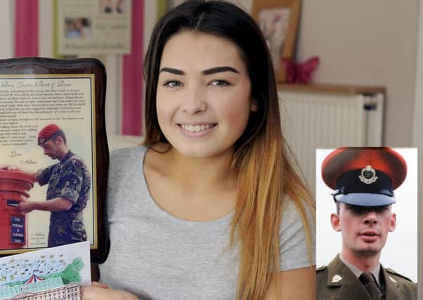 Rosie shows off her invitation to Buckingham Palace and a picture of her dad Allan, inset, who sadly died in 2004