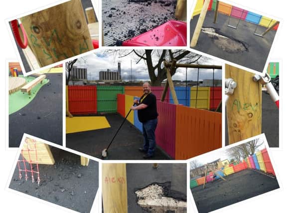 Councillor David Balfour helps clean up the vandalism at the Loretto Housing play park in Inchyra Place, Grangemouth
