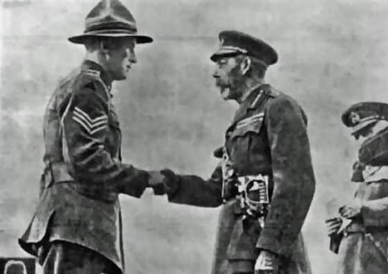 Samuel Frickleton being presented with the VC Medal at Ibrox Stadium, Glasgow, by King George V 18 September 1917