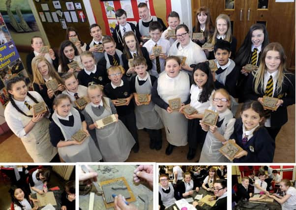 Pupils from Carrongrange, Moray Primary and Grangemouth High School take part in a special clay tile making exercise and also learn about the work of local artist Alan Davie