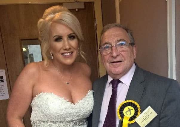 Bride Lauren Johnstone votes for John McNally (SNP) at Shieldhill Welfare Hall before ceremony at Three Kings on June 8, 2017
